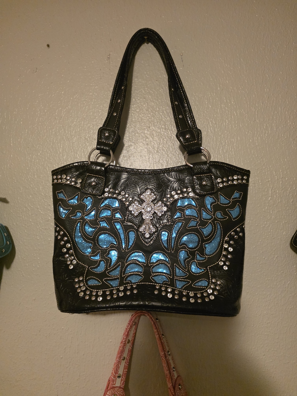 Black and Turquoise Embellished Tote Bag with Cross Accent